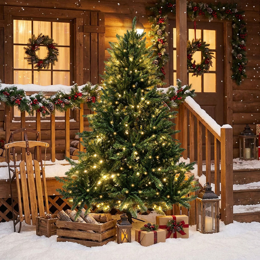 Loende 6ft Christmas Tree, Prelit Artificial Christmas Tree with 330 LED Warm White,987 PVC Branch Tips Easy Assembly, Metal Base