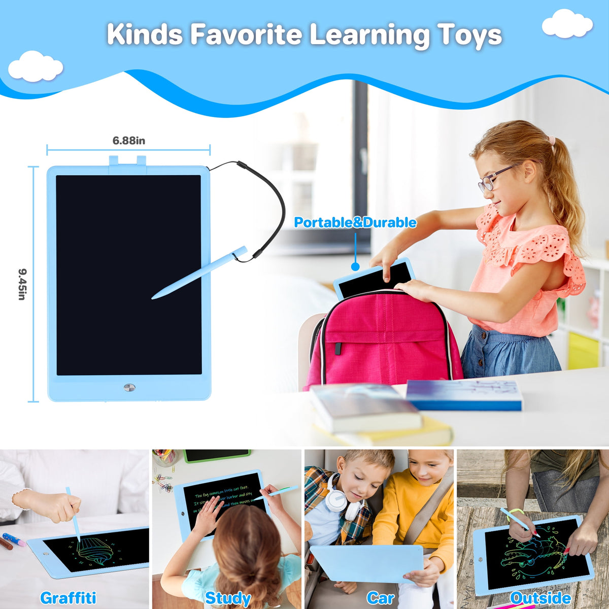 MAGOTAN 10 Inch LCD Drawing Tablet for Kids Toddler Drawing Doodle Pad Educational Toys Boys Girls Birthday Gifts, Blue