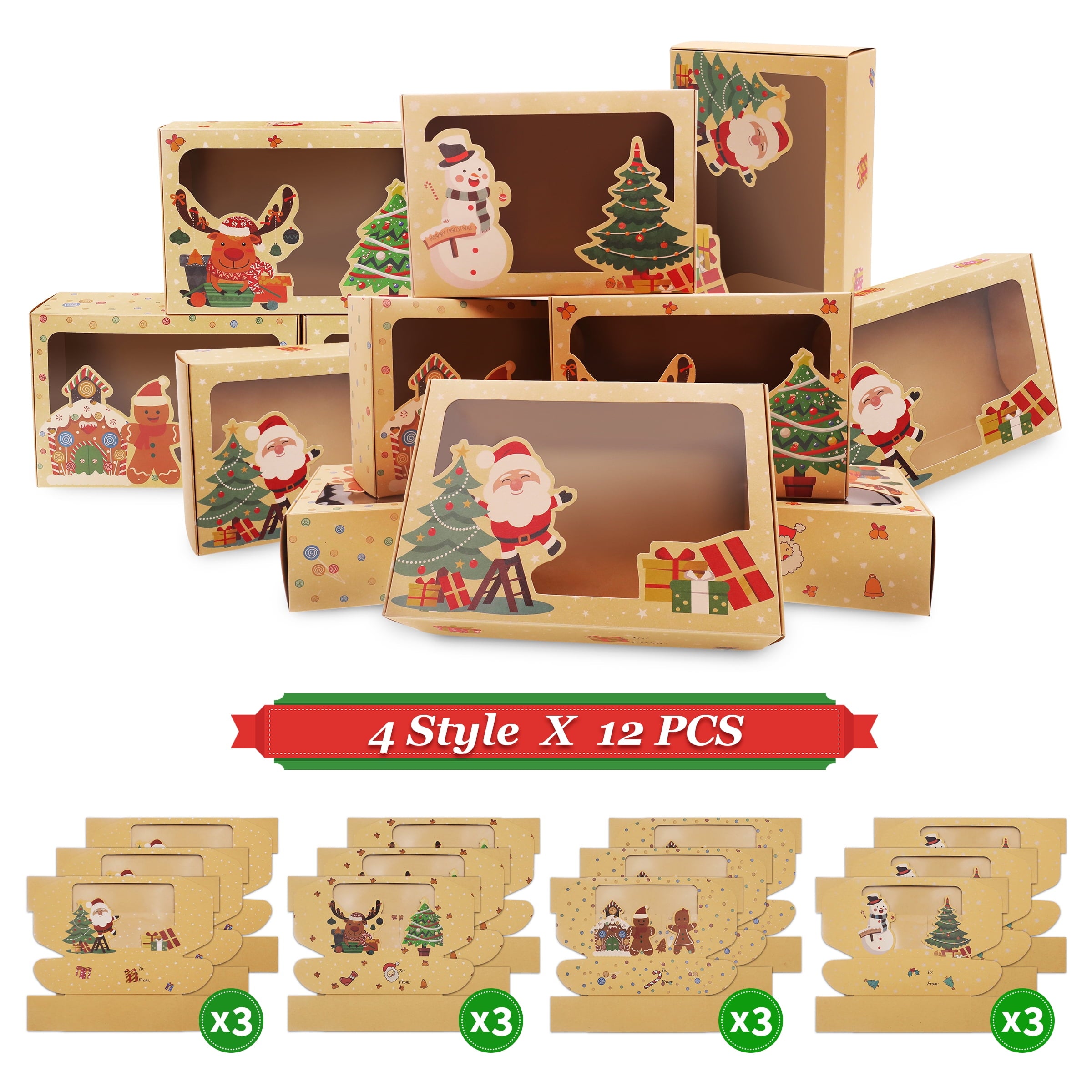 ASENEK 12 Pack Christmas Cookie Boxes with Window for Gift Giving, Holiday Bakery Treat Boxes Gift Baking Box, Christmas Kraft Gift Boxes and DIY Gift Tags, Pastry, Candy, Party Favors