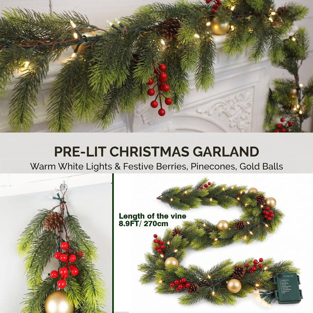 LOENDE 9FT Christmas Garland Prelit 80 LED Warm White Lights for Mantle, Table, Stairs, Doorframe, Fireplace Indoor Outdoor Holiday Decorations