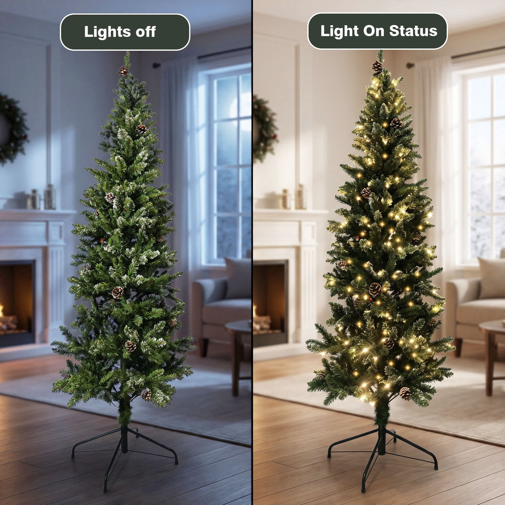 Loende 6ft Prelit Pencil Christmas Tree, 618 Branch Tips Artificial Christmas Tree with 200 LED Warm White Lights 8Modes