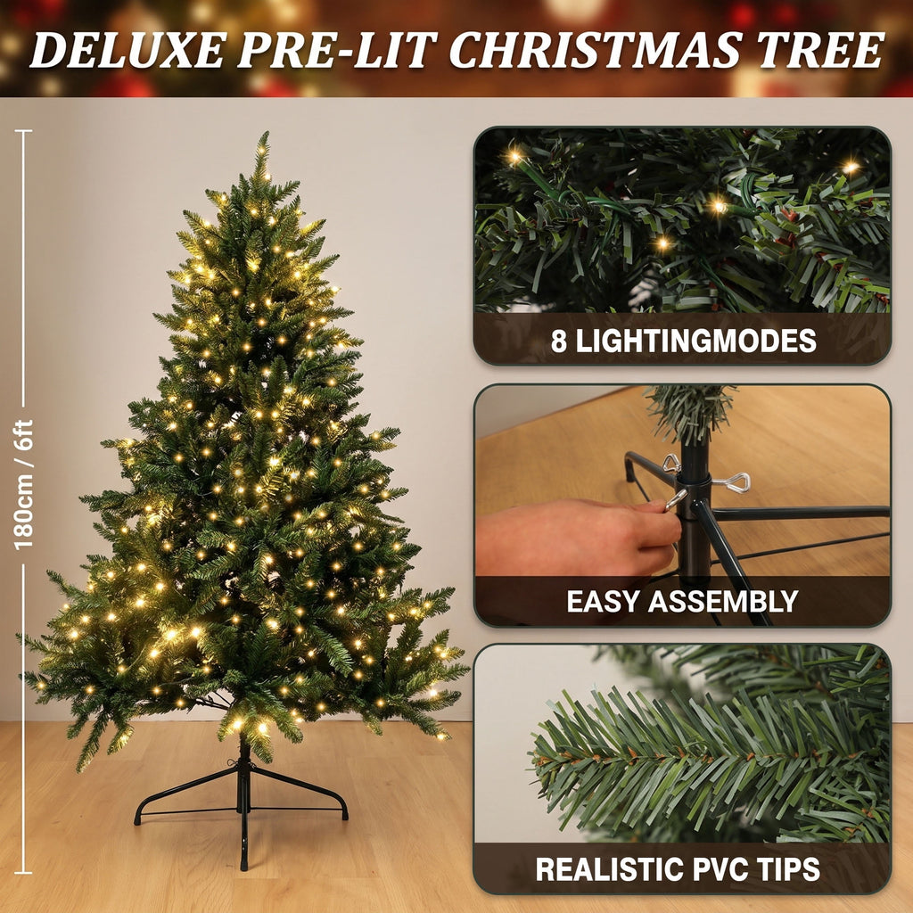 Loende 6ft Christmas Tree, Prelit Artificial Christmas Tree with 330 LED Warm White,987 PVC Branch Tips Easy Assembly, Metal Base