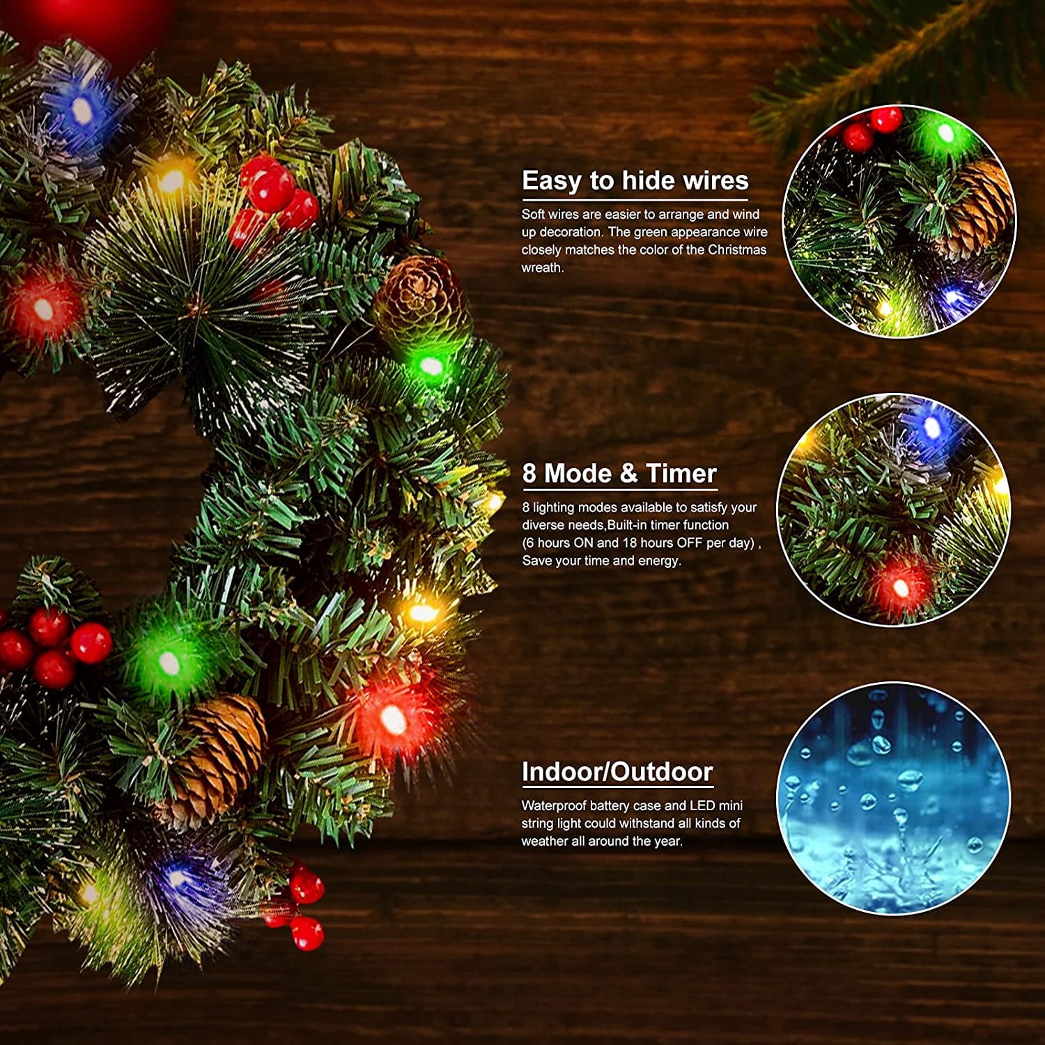 ASENEK Battery Operated String Lights, 50 LED 18ft Christmas Lights for Wreath Party Decor, 2 Pack