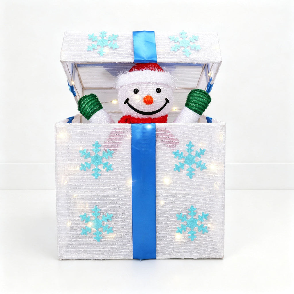 Magotan Lighted Up Snowman Gift Box Christmas Decoration, Iron Frame Holiday Snowman Figure with LED Lights, Indoor Tabletop & Mantel Xmas Decor