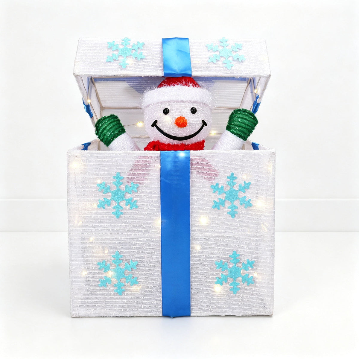 Magotan Lighted Up Snowman Gift Box Christmas Decoration, Iron Frame Holiday Snowman Figure with LED Lights, Indoor Tabletop & Mantel Xmas Decor