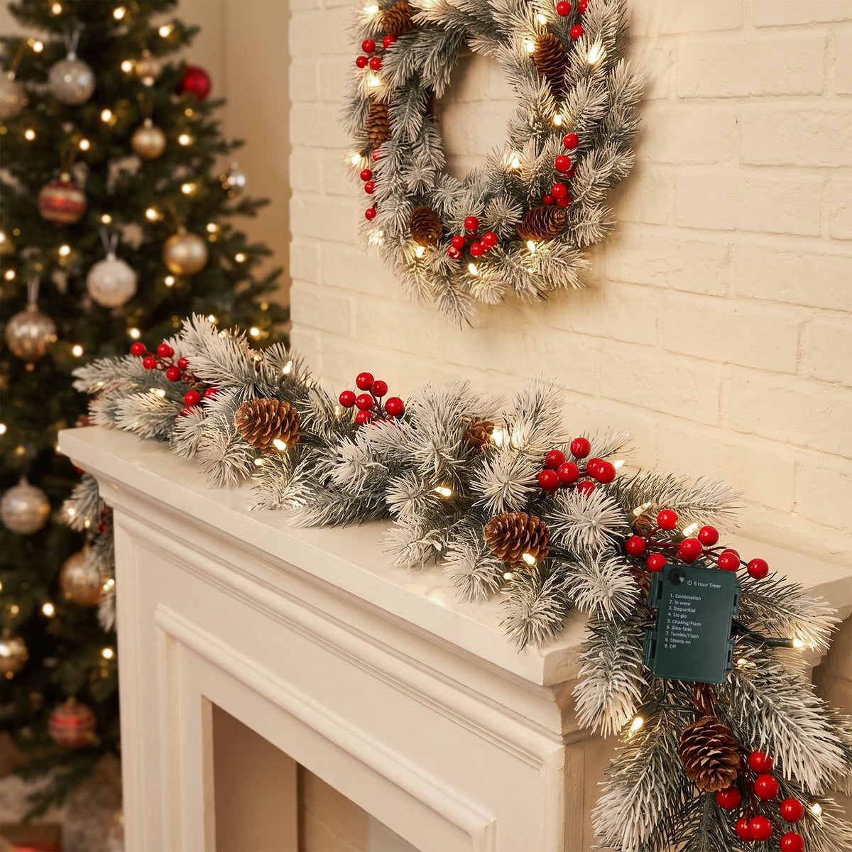 Loende 6ft Artificial Christmas Garland and 24in Christmas Wreath Set Decorations for Stairs Wall Door Indoor Outdoor