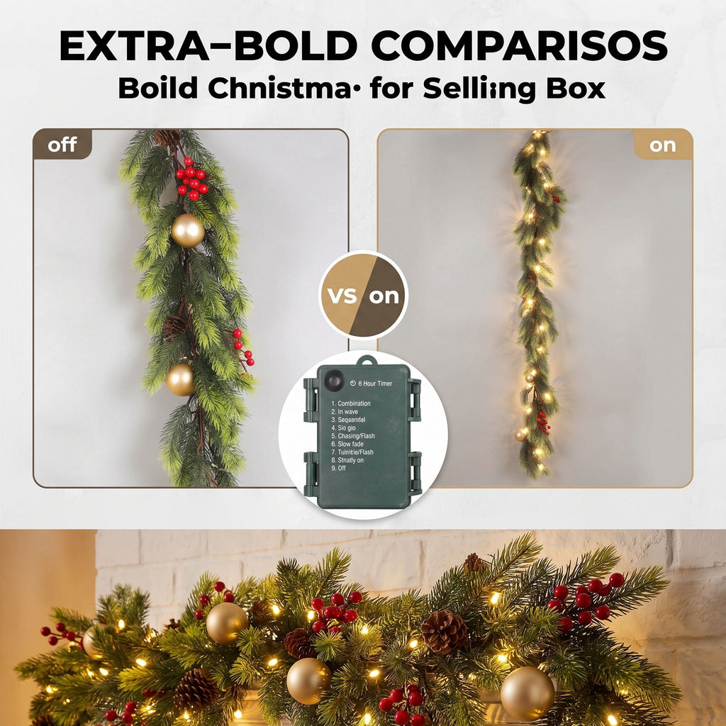 LOENDE 9FT Christmas Garland Prelit 80 LED Warm White Lights for Mantle, Table, Stairs, Doorframe, Fireplace Indoor Outdoor Holiday Decorations
