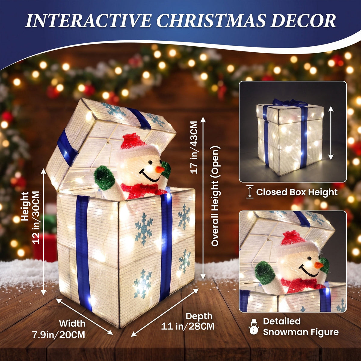 Magotan Lighted Up Snowman Gift Box Christmas Decoration, Iron Frame Holiday Snowman Figure with LED Lights, Indoor Tabletop & Mantel Xmas Decor