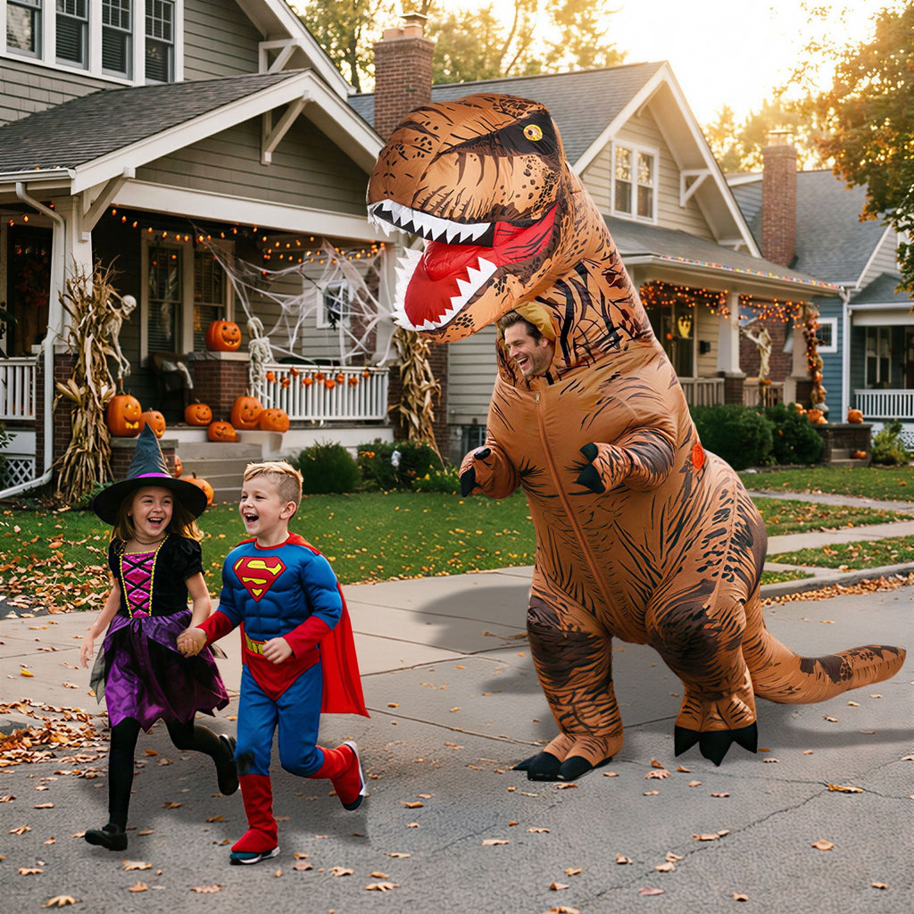 Magotan Halloween Inflatables Costume for Adults,Funny Blow Up Full Body T-Rex Fancy Dress Jumpsuit for Halloween,Brown