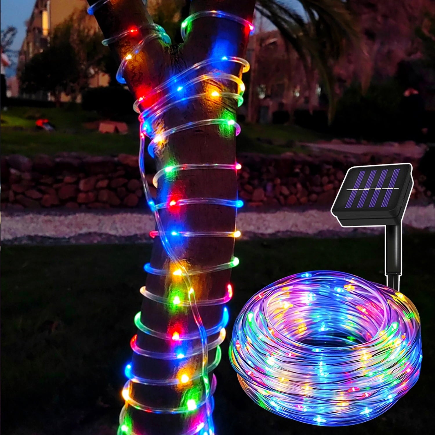 NITIDSKY 33ft 100 LED Solar Christmas Lights Outdoor Waterproof Solar Rope Lights Yard Patio Garden Christmas Deaorations, Multicolor
