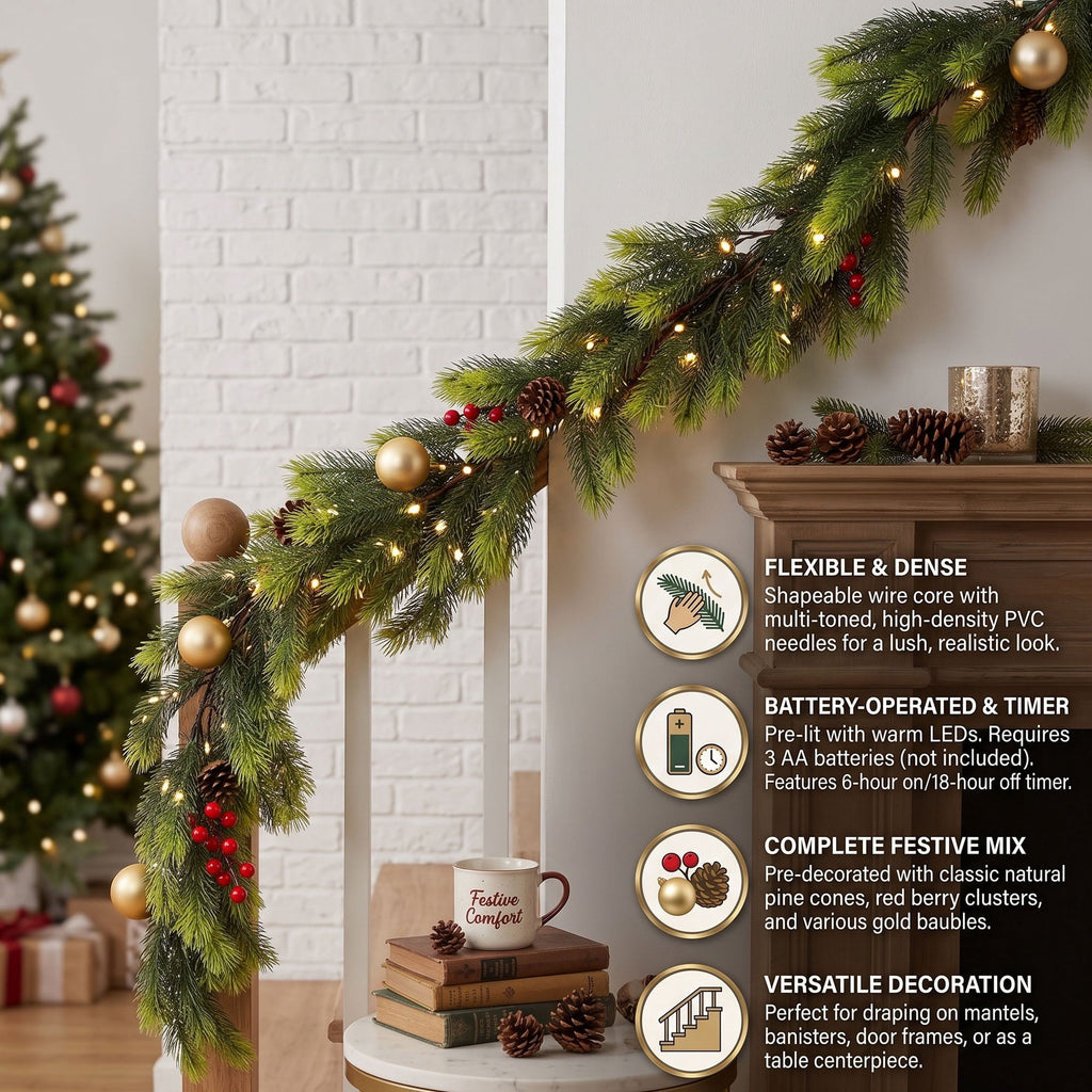 LOENDE 9FT Christmas Garland Prelit 80 LED Warm White Lights for Mantle, Table, Stairs, Doorframe, Fireplace Indoor Outdoor Holiday Decorations