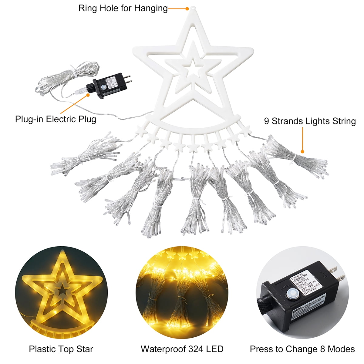 Magotan 12.5ft 350 LED Waterfall Christmas Lights Outdoor Decoration Twinkle Plug in Christmas Tree String Lights with Top Star Xmas Holiday Garden Yard Decoration, Warm White
