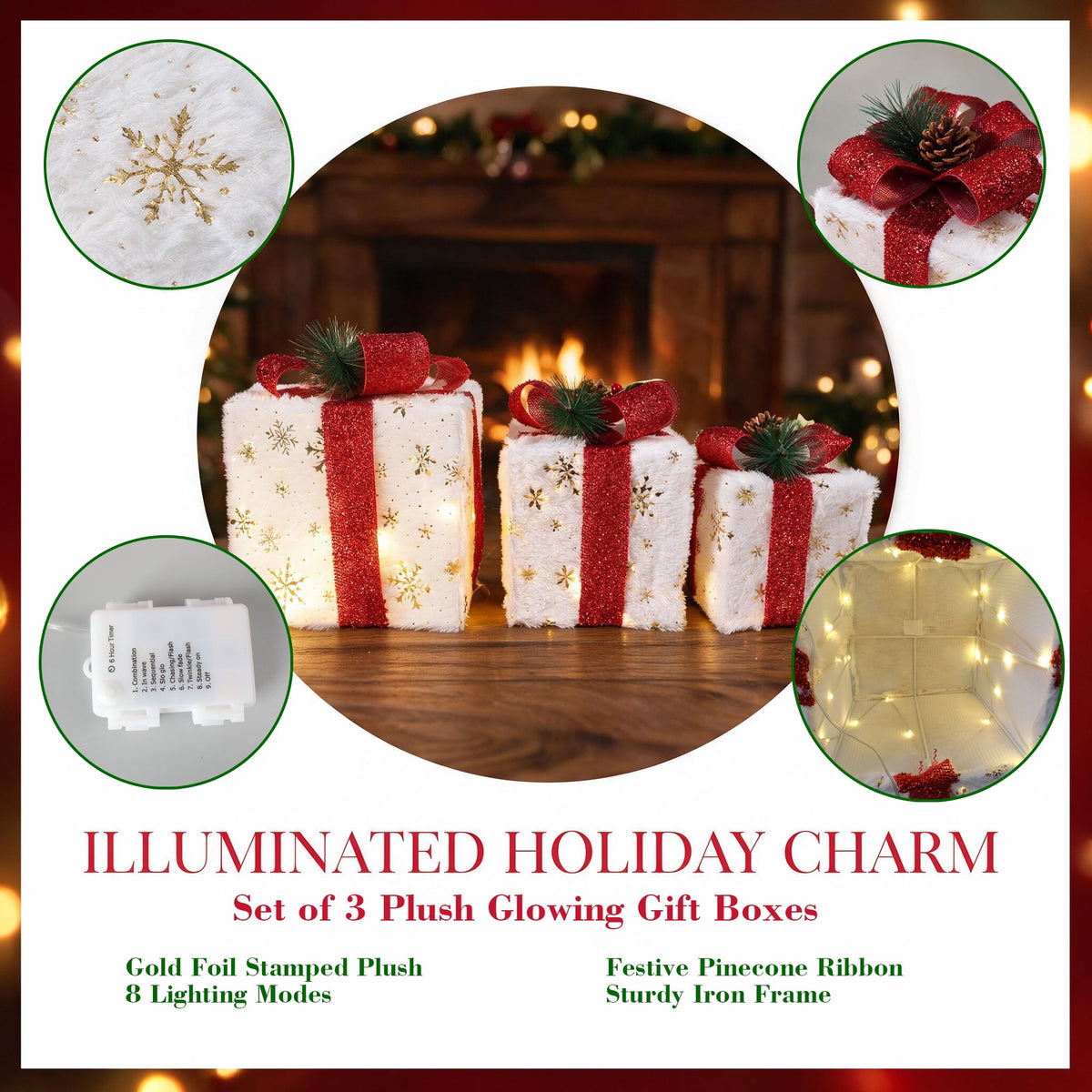 Magotan 3Pcs Lighted Up Christmas Gift Boxes, Iron Frame White Plush Snowflake Present Set with Red Bow & Warm LED Lights, Indoor Xmas Holiday Decor