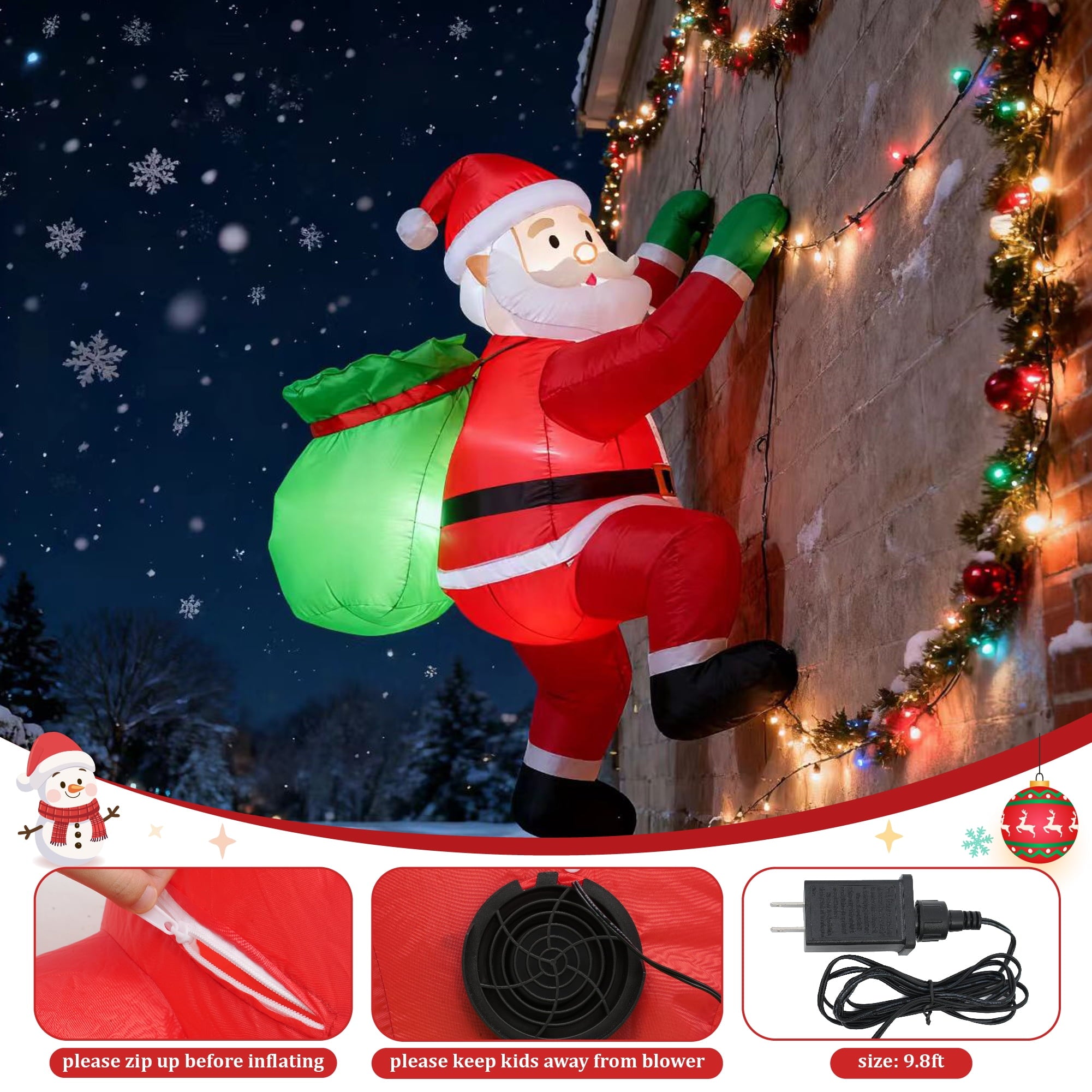 Magotan 4ft Christmas Inflatables Outdoor Decoration Santa Claus Christmas Blow Ups with Built in LED Lights Climb Over the Wall Santa Claus