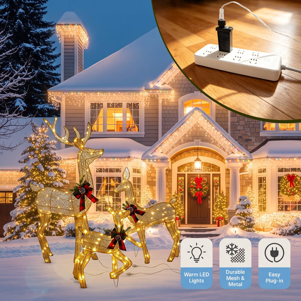 Magotan 3Pcs Lighted Christmas Deer Family Set,Christmas Outdoor Decorations,Reindeer Holiday Decoration with 180 Warm White LED Lights,Outdoor Lawn Porch Yard Decoration