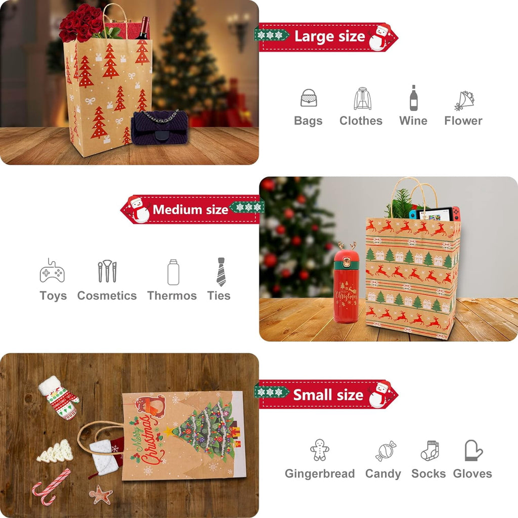 Magotan 18 packs Christmas Bags, 9 Style Assorted Sizes with Handles Bulk Christmas Themed Reusable Kraft Gift Bags, Suitable for Christmas Parties
