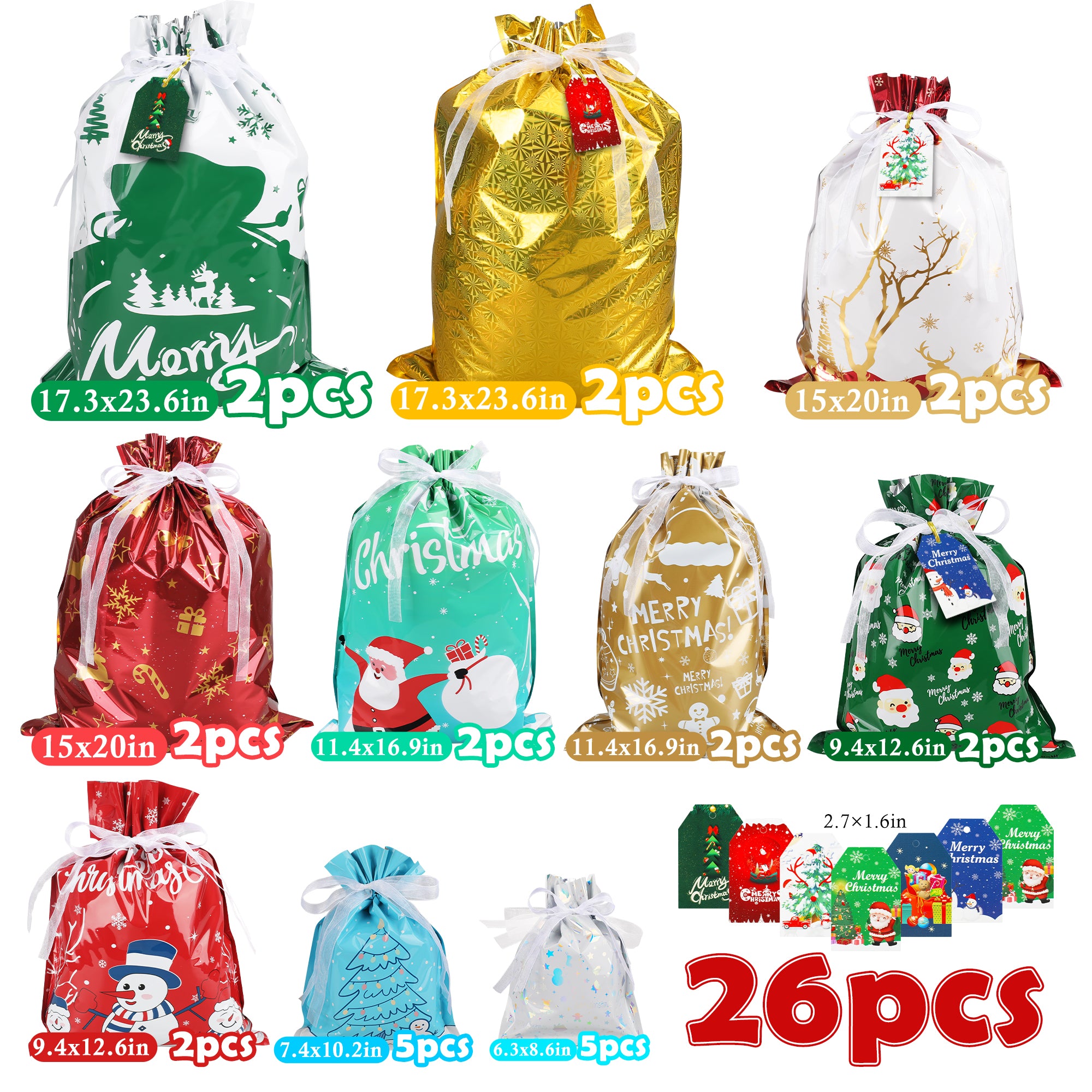 NITIDSKY 26Pcs Christmas Gift Bags Xmas Drawstring Bags with Tags Christmas Gift Wrapping Sacks Pouches for Xmas Holiday Presents Party Favor