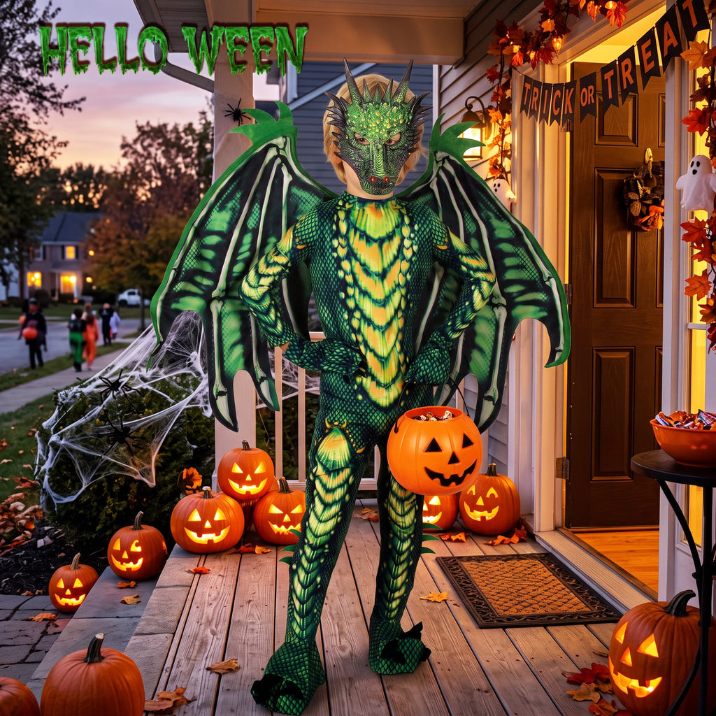Magotan Halloween Kids Dragon Costume,Kids Halloween Dress Up,Halloween Funny Costume Cosplay Dragon Jumpsuit,Green,S