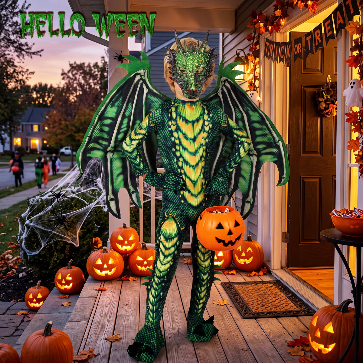 Magotan Halloween Kids Dragon Costume,Kids Halloween Dress Up,Halloween Funny Costume Cosplay Dragon Jumpsuit,Green,S
