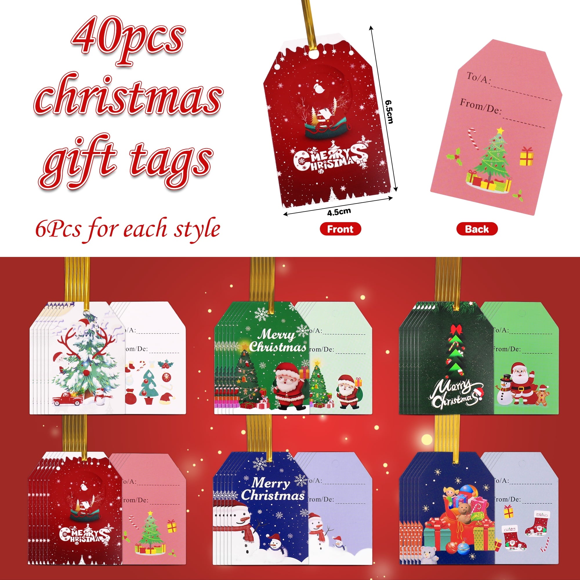 Magotan 40 Pcs Christmas Gift Bags Xmas Drawstring Bags with Tags, Christmas Foil Gift Wrapping Sacks Pouches for Xmas Holiday Presents Party Favor