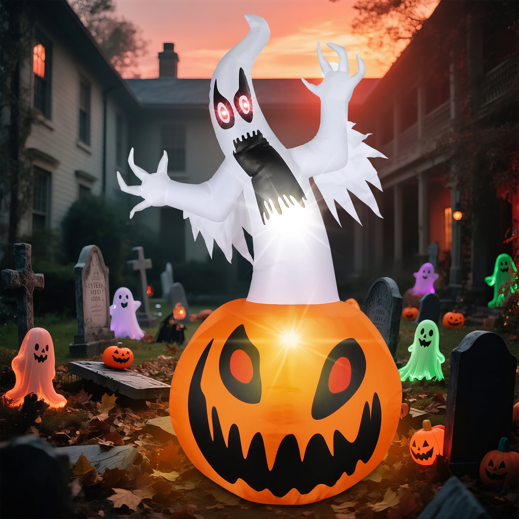MAGOTAN 5 ft Halloween Inflatable Pumpkin Halloween Inflatable Pumpkins and Ghost Outdoor Yard Decoration Build-in 4 LED Lights