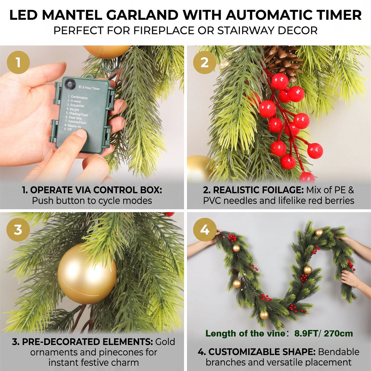 LOENDE 9FT Christmas Garland Prelit 80 LED Warm White Lights for Mantle, Table, Stairs, Doorframe, Fireplace Indoor Outdoor Holiday Decorations