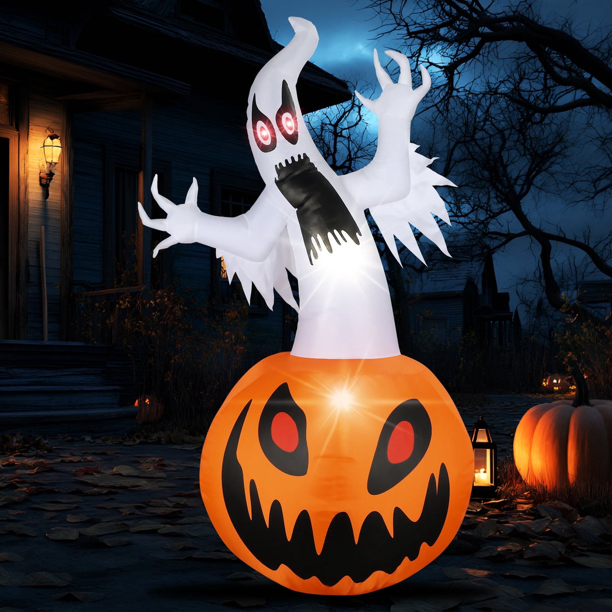 MAGOTAN 5 ft Halloween Inflatable Pumpkin Halloween Inflatable Pumpkins and Ghost Outdoor Yard Decoration Build-in 4 LED Lights
