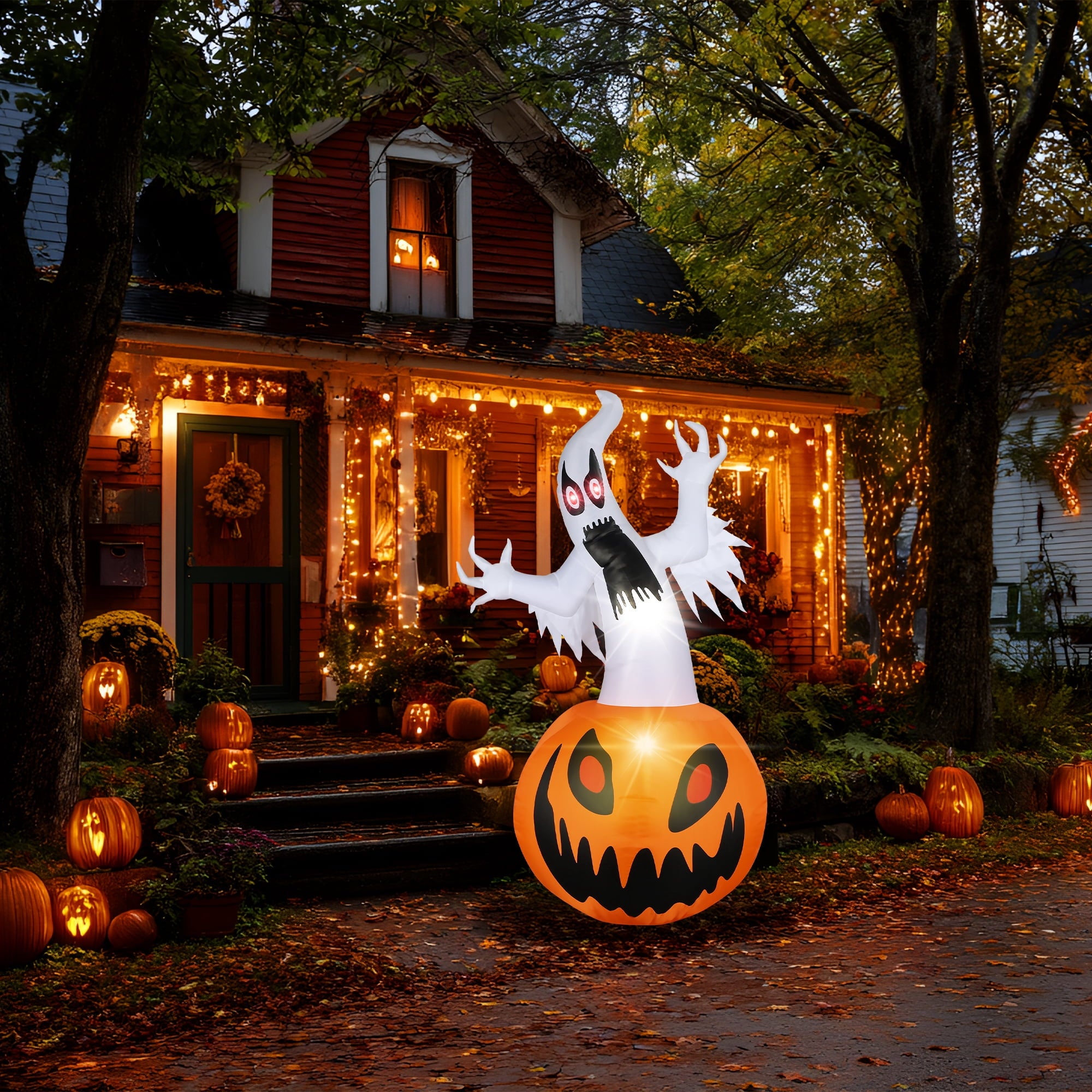 MAGOTAN 5 ft Halloween Inflatable Pumpkin Halloween Inflatable Pumpkins and Ghost Outdoor Yard Decoration Build-in 4 LED Lights