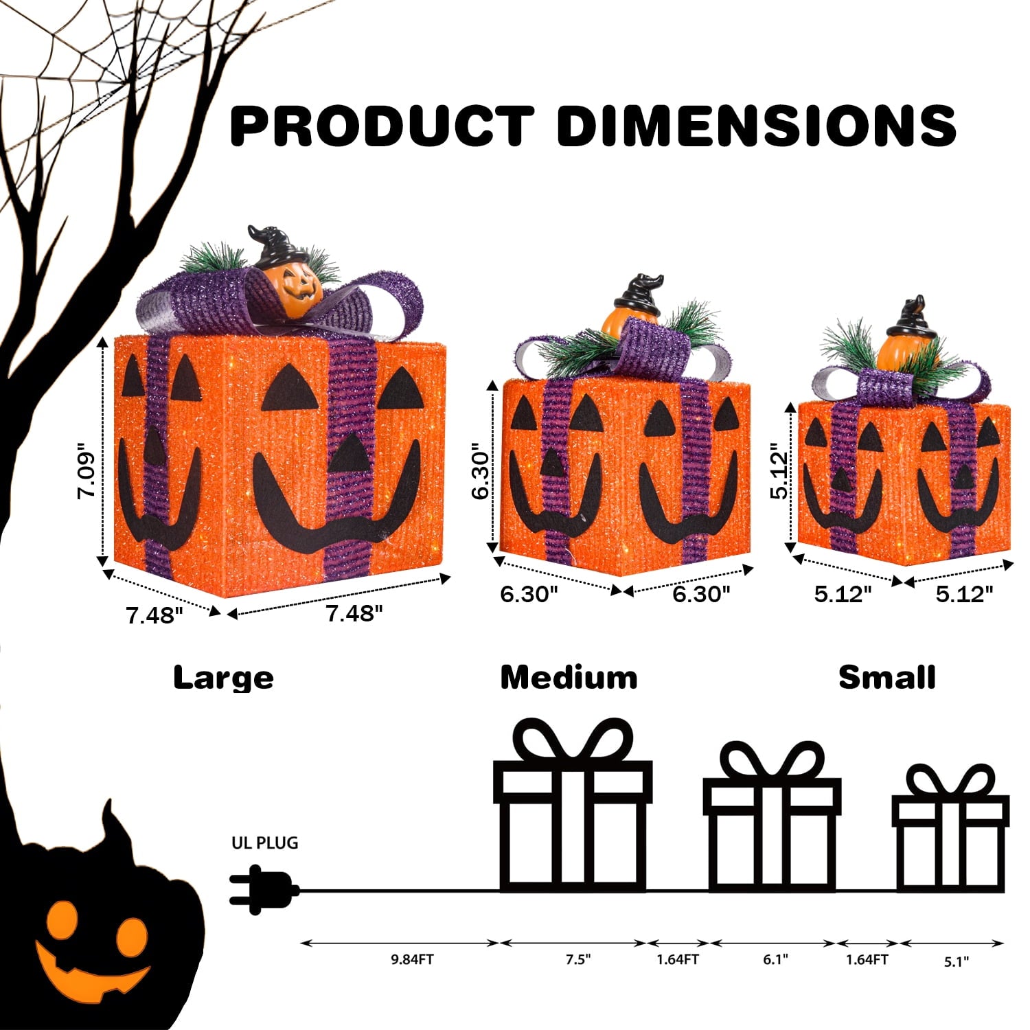 Magotan 3Pcs Halloween Lighted Gift Boxes, Halloween Decoration Indoor with Bows Decor for Halloween Yard Patio Garden, Orange