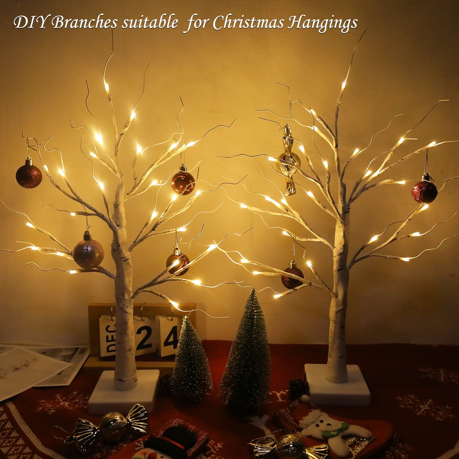 NITIDSKY Christmas Lights Indoor Decorations, 2FT 24 LED Table Top Christmas Tree with Warm Lights, Xmas USB and Battery Operated Tree Lights, 2 Pack