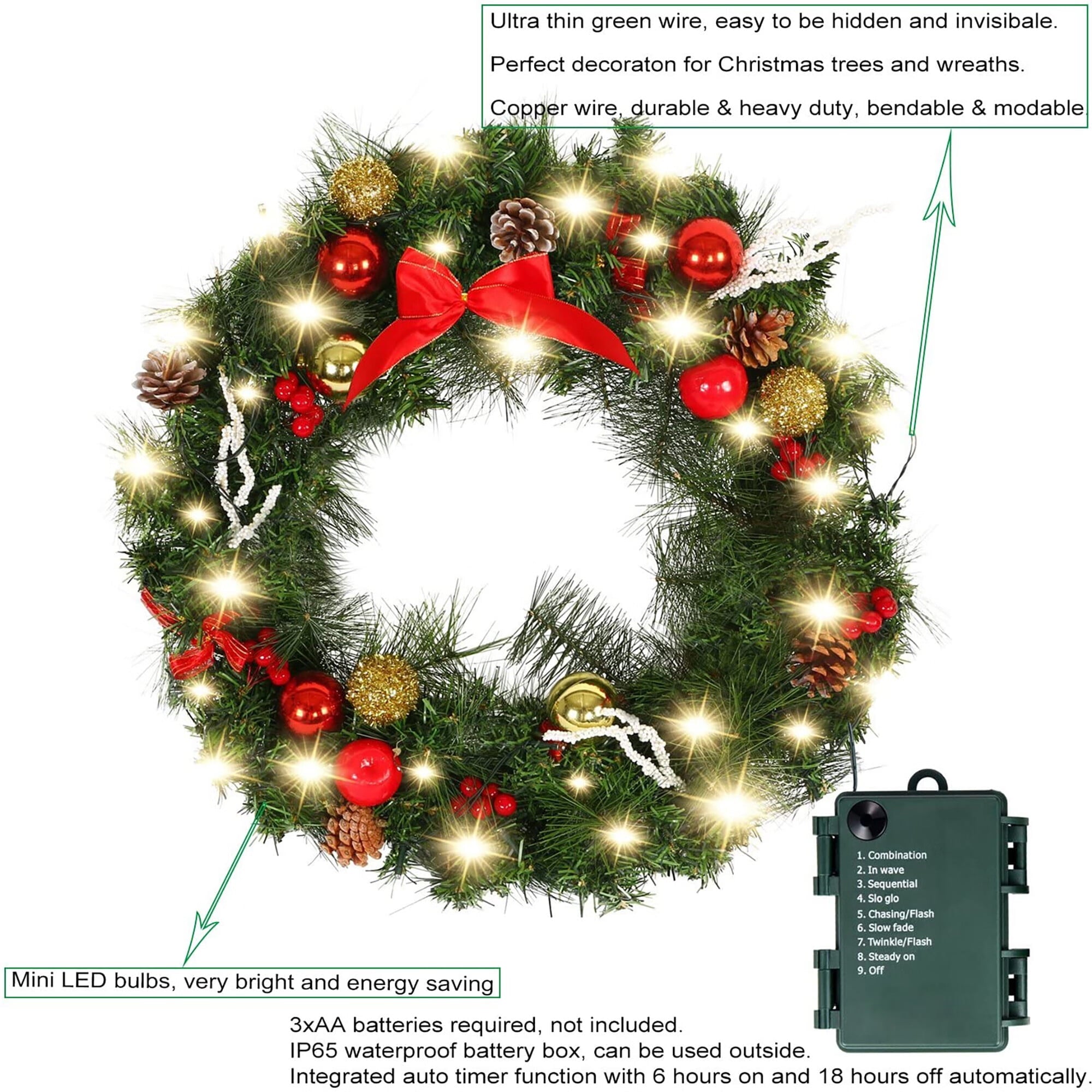 ASENEK Battery Operated String Lights - 18FT 50 LED Starry Lights Christmas Lights for Christmas Tree Wreath DIY Wedding, Warm White, 4 Pack