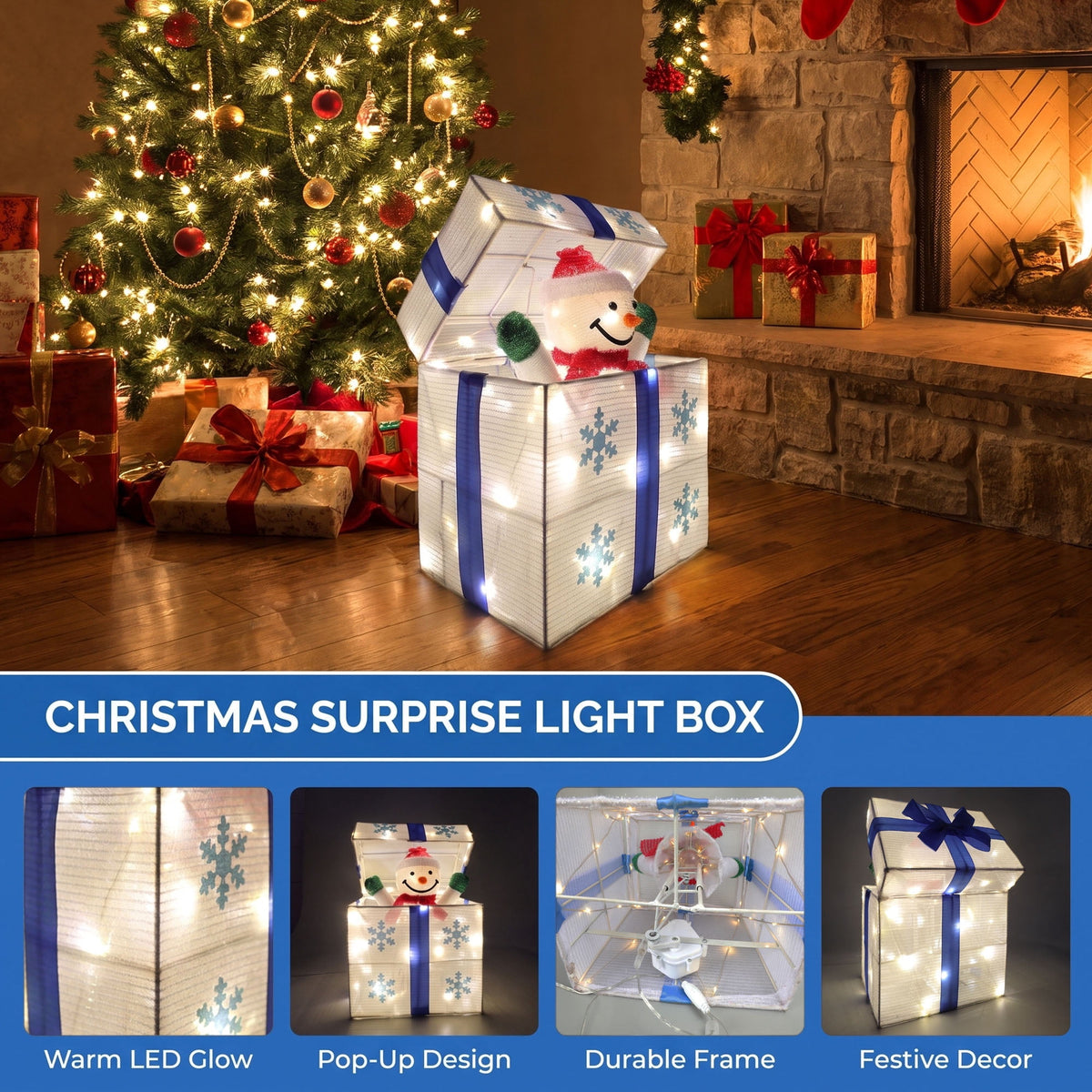 Magotan Lighted Up Snowman Gift Box Christmas Decoration, Iron Frame Holiday Snowman Figure with LED Lights, Indoor Tabletop & Mantel Xmas Decor
