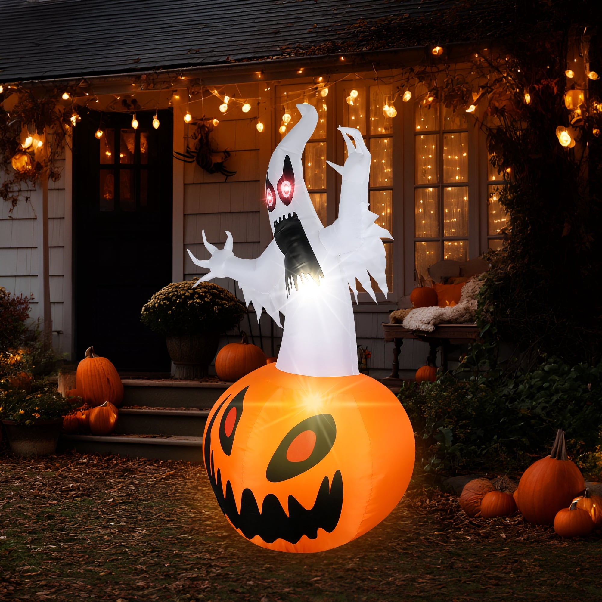 MAGOTAN 5 ft Halloween Inflatable Pumpkin Halloween Inflatable Pumpkins and Ghost Outdoor Yard Decoration Build-in 4 LED Lights