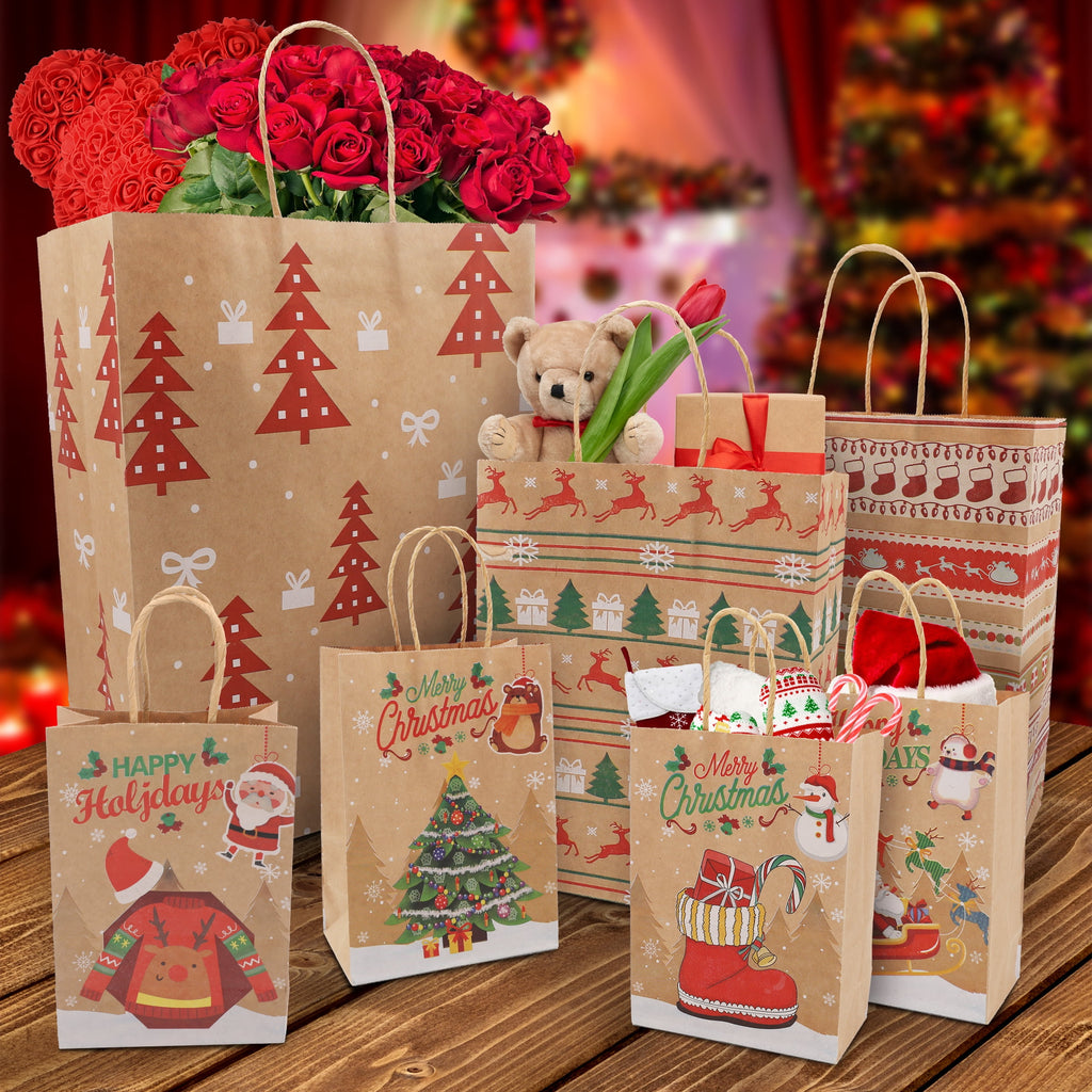 Magotan 18 packs Christmas Bags, 9 Style Assorted Sizes with Handles Bulk Christmas Themed Reusable Kraft Gift Bags, Suitable for Christmas Parties