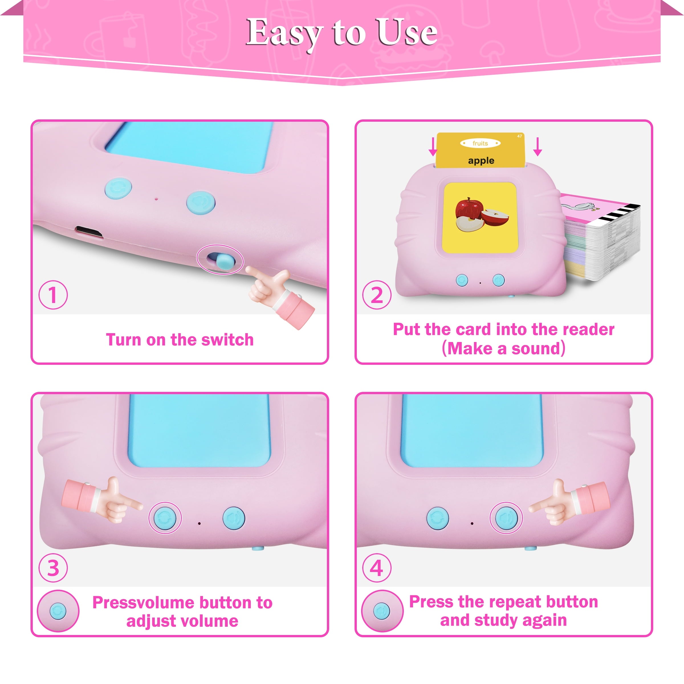 MAGOTAN Talking Flash Cards Learning Toys for 1-6 Years Old Boys Girls, Educational Toddlers Toys for Kids,Speech Therapy Toys Autism Toys Christmas Birthday Gifts for Toddler Boys Girls (Pink)