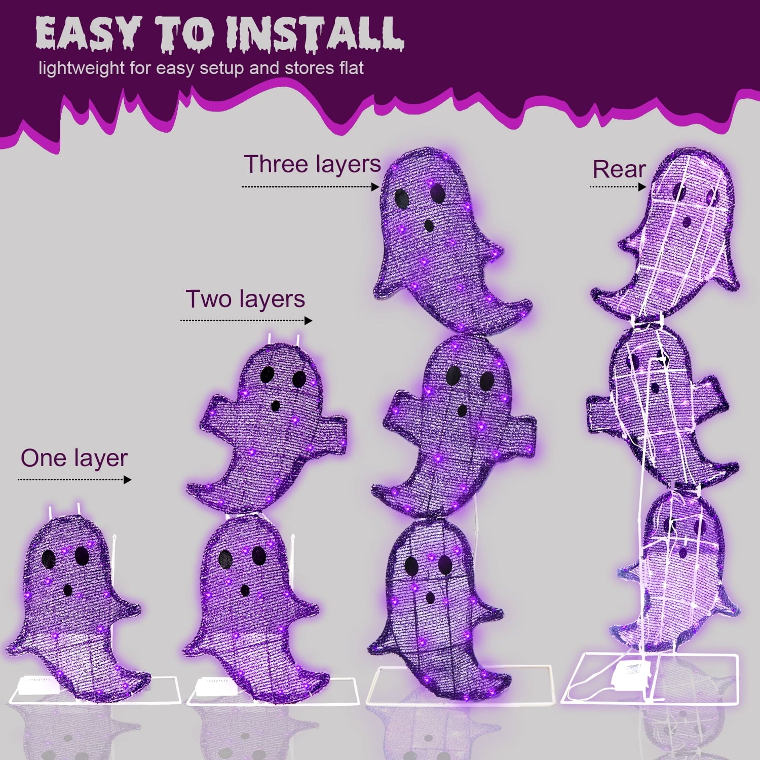 Magotan Halloween Decorations 3ft Halloween Ghost Decor Pre-Lit 65 LED Purple Light Halloween Cute Ghost Outdoor Decor for Garden Yard Home Party