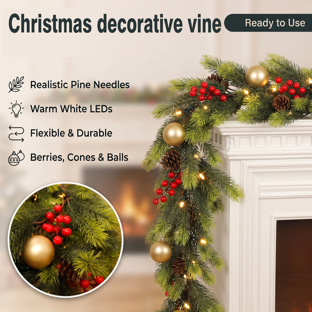 LOENDE 9FT Christmas Garland Prelit 80 LED Warm White Lights for Mantle, Table, Stairs, Doorframe, Fireplace Indoor Outdoor Holiday Decorations