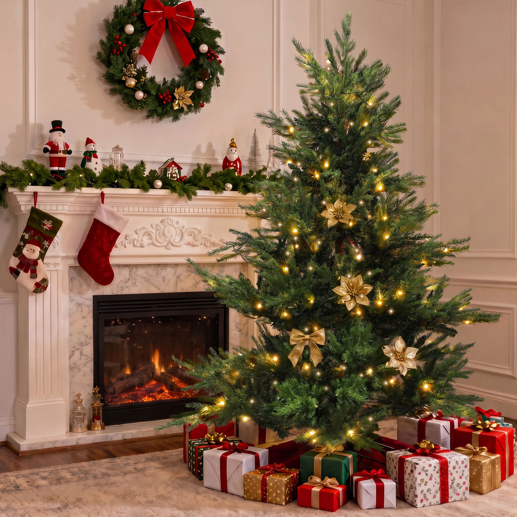 Loende 6ft Christmas Tree, Prelit Artificial Christmas Tree with 330 LED Warm White,987 PVC Branch Tips Easy Assembly, Metal Base