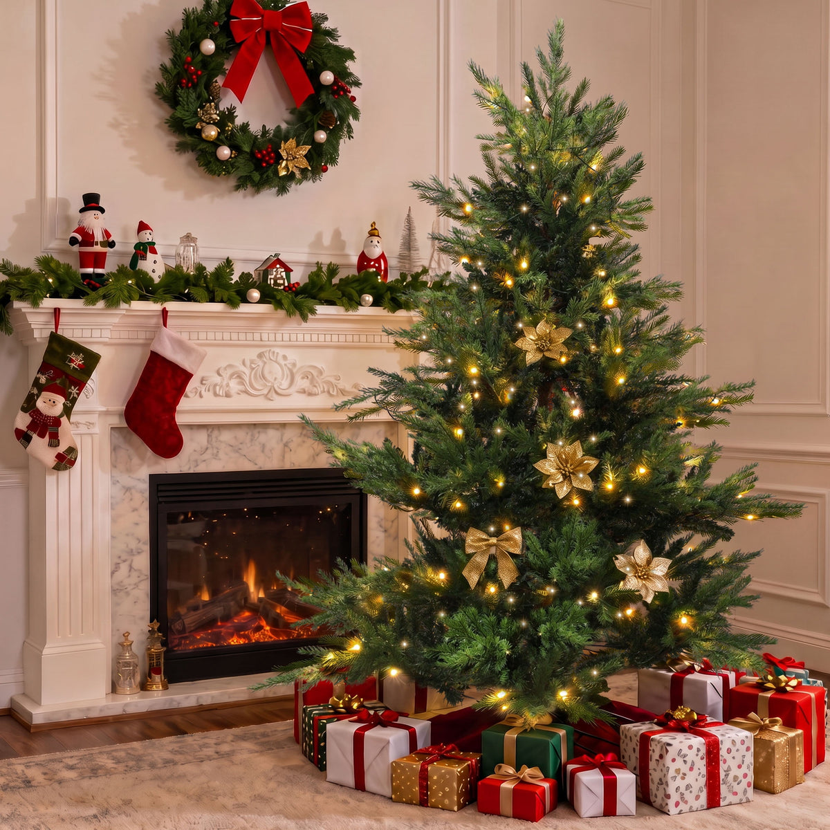 Loende 6ft Christmas Tree, Prelit Artificial Christmas Tree with 330 LED Warm White,987 PVC Branch Tips Easy Assembly, Metal Base
