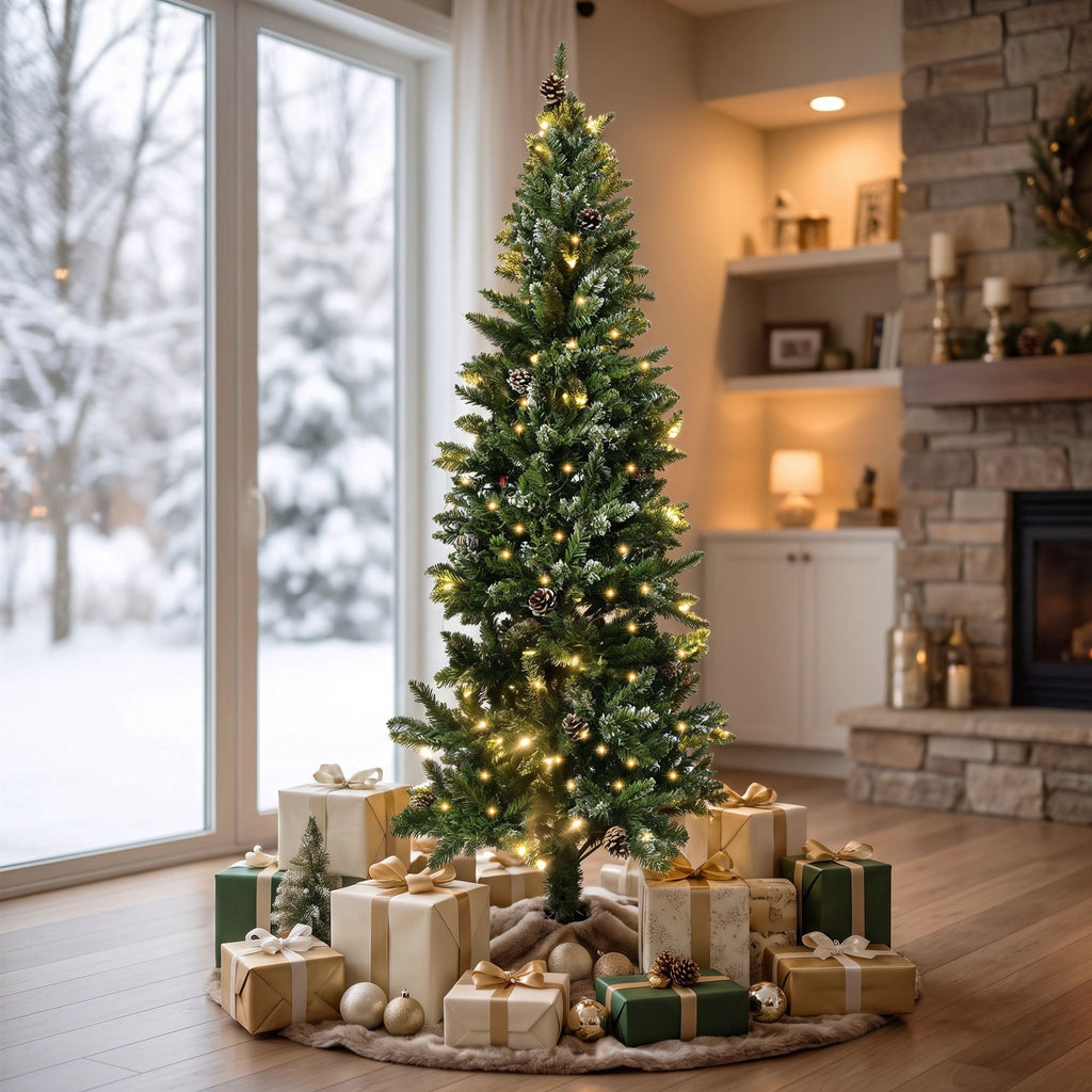 Loende 6ft Prelit Pencil Christmas Tree, 618 Branch Tips Artificial Christmas Tree with 200 LED Warm White Lights 8Modes