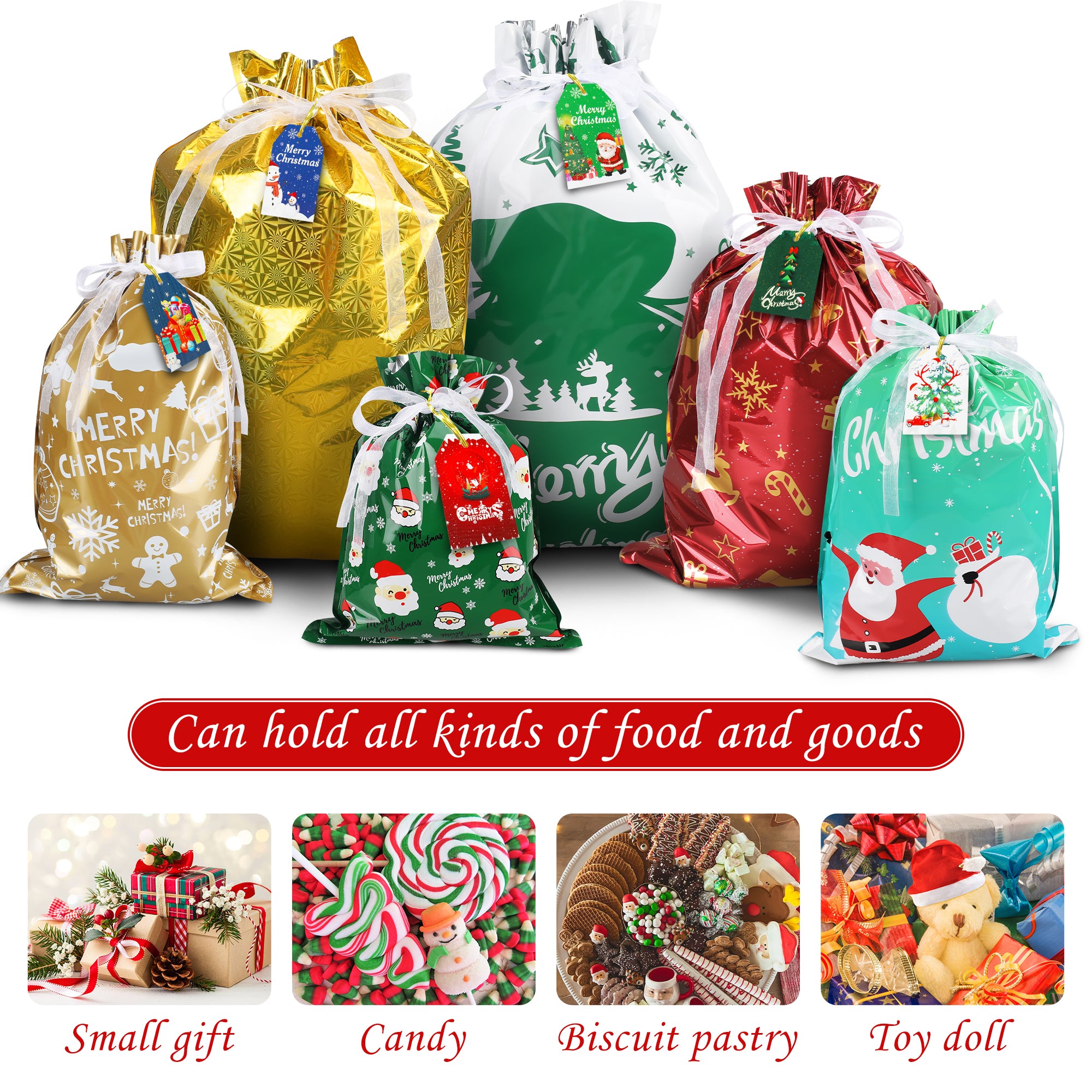 NITIDSKY 26Pcs Christmas Gift Bags Xmas Drawstring Bags with Tags Christmas Gift Wrapping Sacks Pouches for Xmas Holiday Presents Party Favor