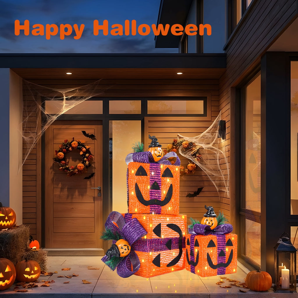 Magotan 3Pcs Halloween Lighted Gift Boxes, Halloween Decoration Indoor with Bows Decor for Halloween Yard Patio Garden, Orange