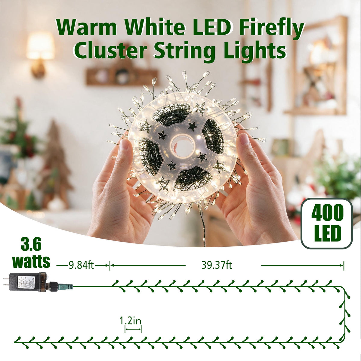 ASENEK Christmas Cluster Lights, 40FT 400LED Green Wire Copper Fairy Lights indoor Outdoor Christmas String Lights with 8 Modes for Tree Wreath Garland Decorations,Warm White,1 Pack
