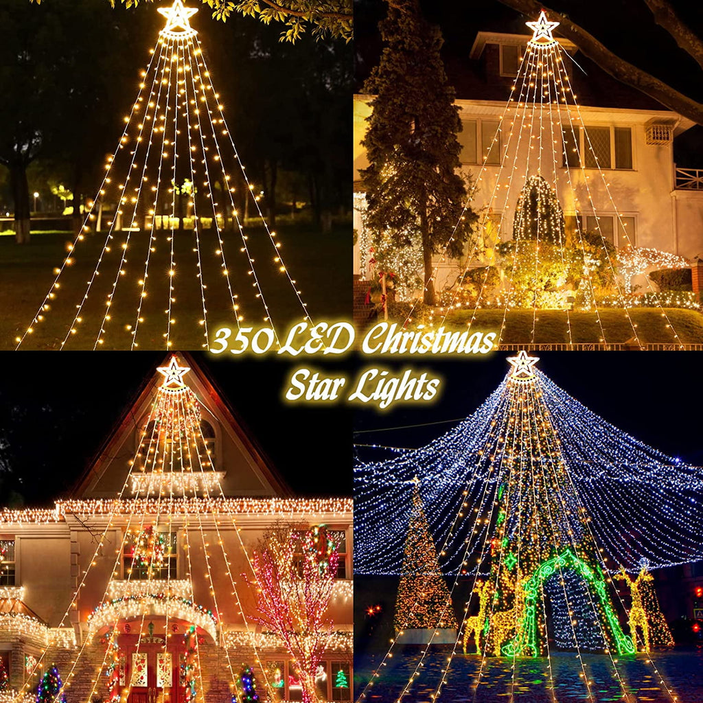 Magotan 12.5ft 350 LED Waterfall Christmas Lights Outdoor Decoration Twinkle Plug in Christmas Tree String Lights with Top Star Xmas Holiday Garden Yard Decoration, Warm White