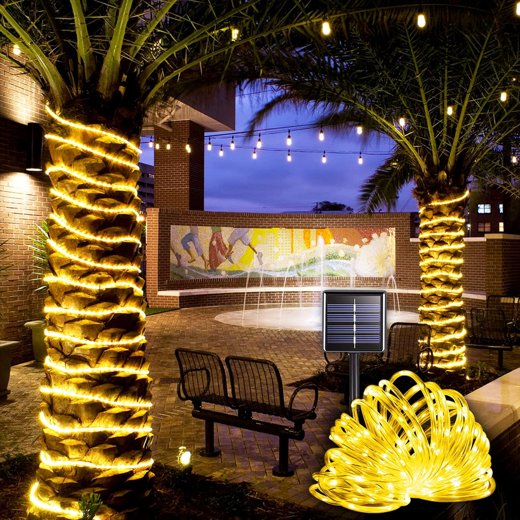 NITIDSKY 33ft 100 LED Solar Christmas Lights Outdoor Waterproof Solar Rope Lights Yard Patio Garden Christmas Deaorations, Warm White