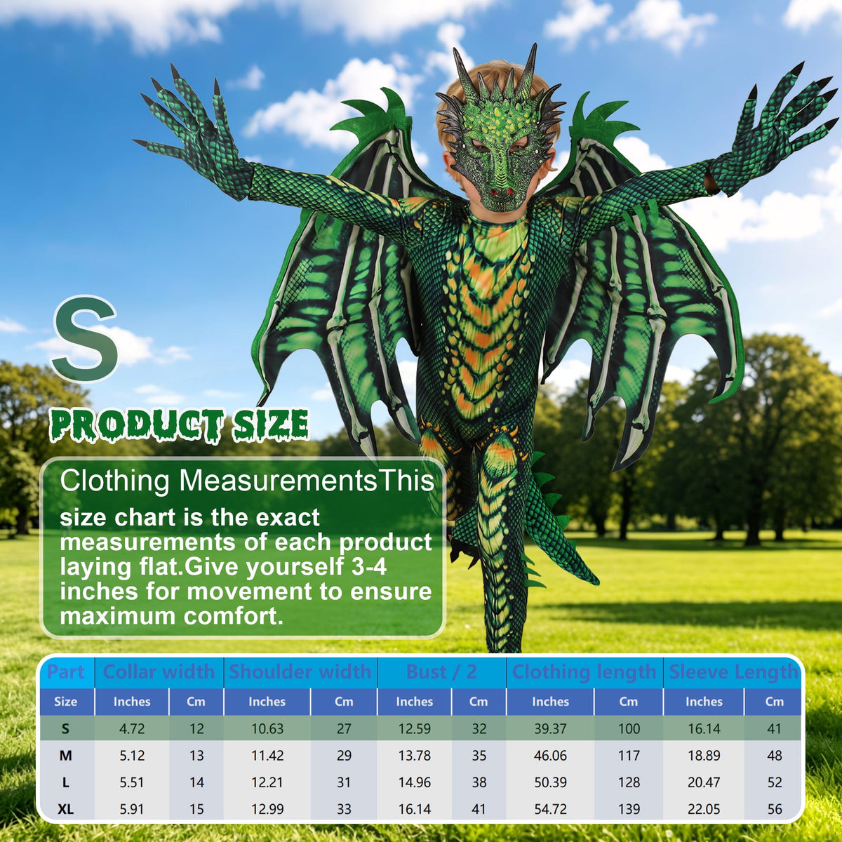 Magotan Halloween Kids Dragon Costume,Kids Halloween Dress Up,Halloween Funny Costume Cosplay Dragon Jumpsuit,Green,S