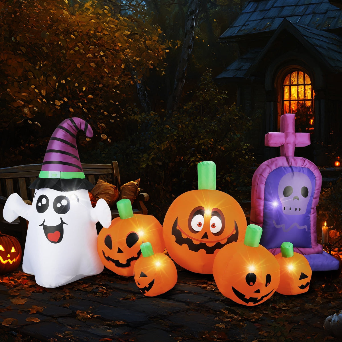 MAGOTAN 5 ft Halloween Inflatable Pumpkin Halloween Inflatable Pumpkins and Ghost Outdoor Yard Decoration Build-in 4 LED Lights