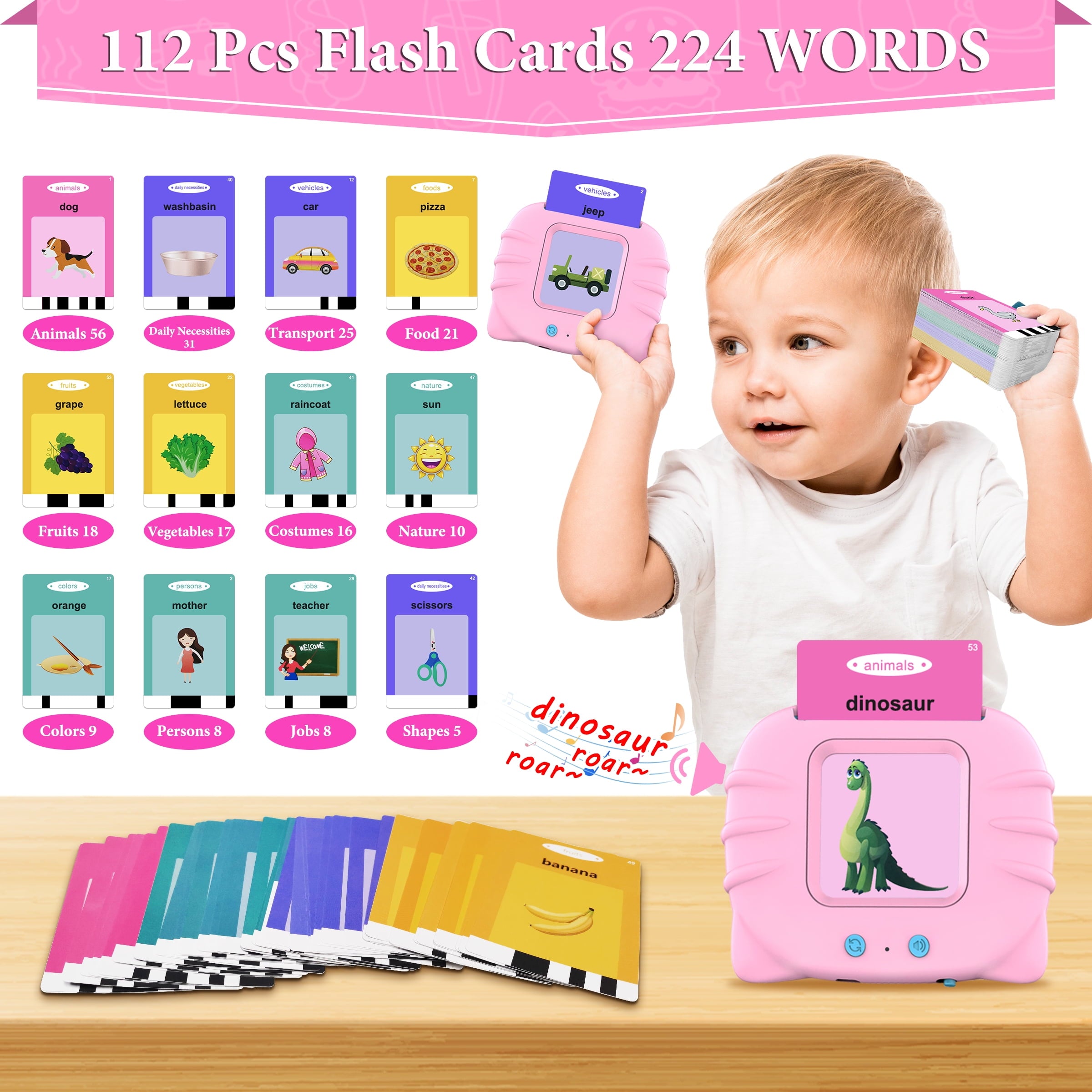 MAGOTAN Talking Flash Cards Learning Toys for 1-6 Years Old Boys Girls, Educational Toddlers Toys for Kids,Speech Therapy Toys Autism Toys Christmas Birthday Gifts for Toddler Boys Girls (Pink)