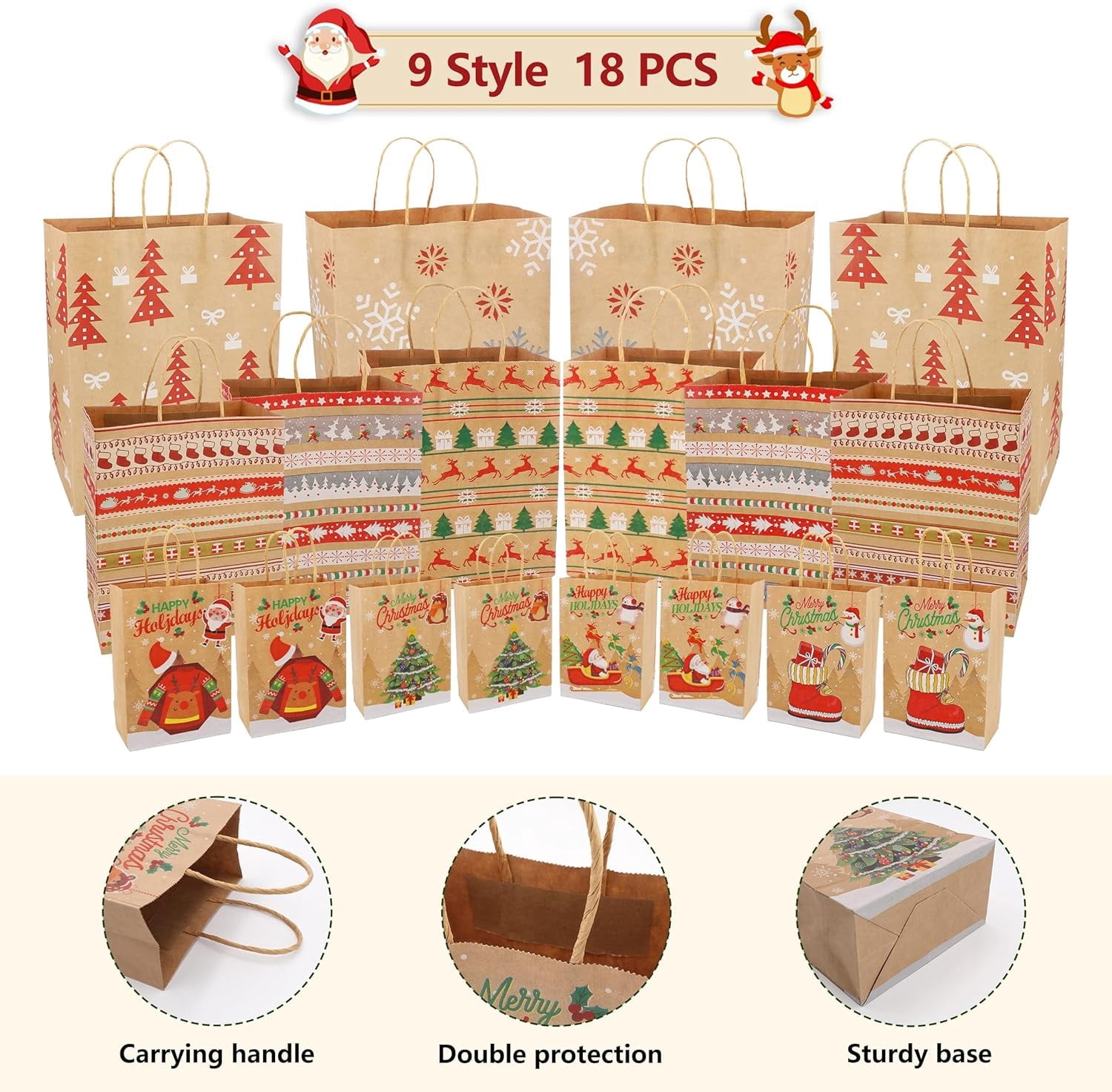 Magotan 18 packs Christmas Bags, 9 Style Assorted Sizes with Handles Bulk Christmas Themed Reusable Kraft Gift Bags, Suitable for Christmas Parties