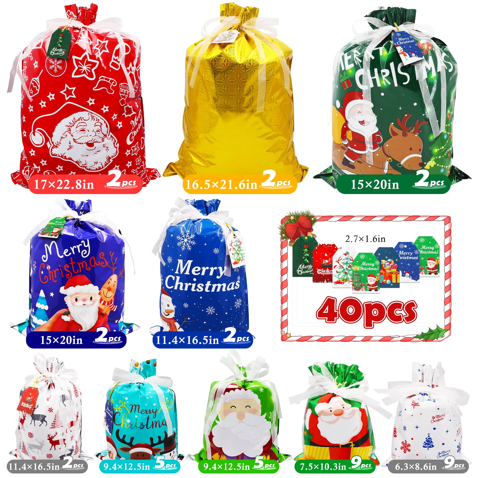 Magotan 40 Pcs Christmas Gift Bags Xmas Drawstring Bags with Tags, Christmas Foil Gift Wrapping Sacks Pouches for Xmas Holiday Presents Party Favor